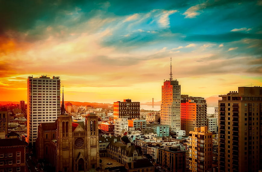 San Francisco Skyline Sunset with Golden Gate Bridge