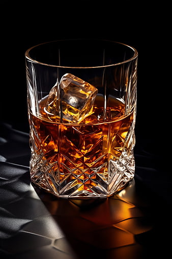 Crystal Whiskey Glass with Ice on Black Background