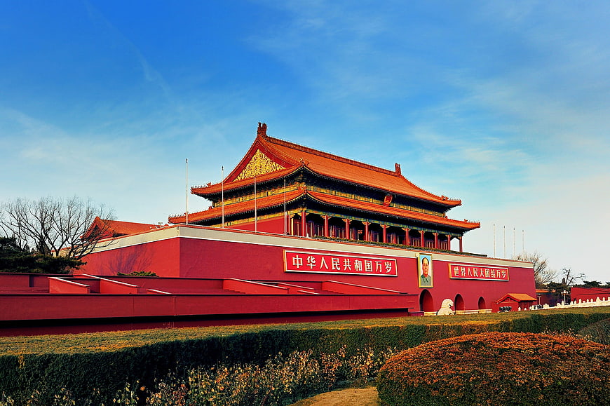 Tiananmen Gate Tower in Beijing with Red Walls and Blue Sky