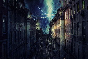 Dramatic Digital Art of City Street During Violent Storm