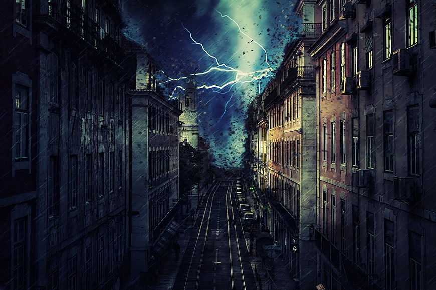 Dramatic Digital Art of City Street During Violent Storm