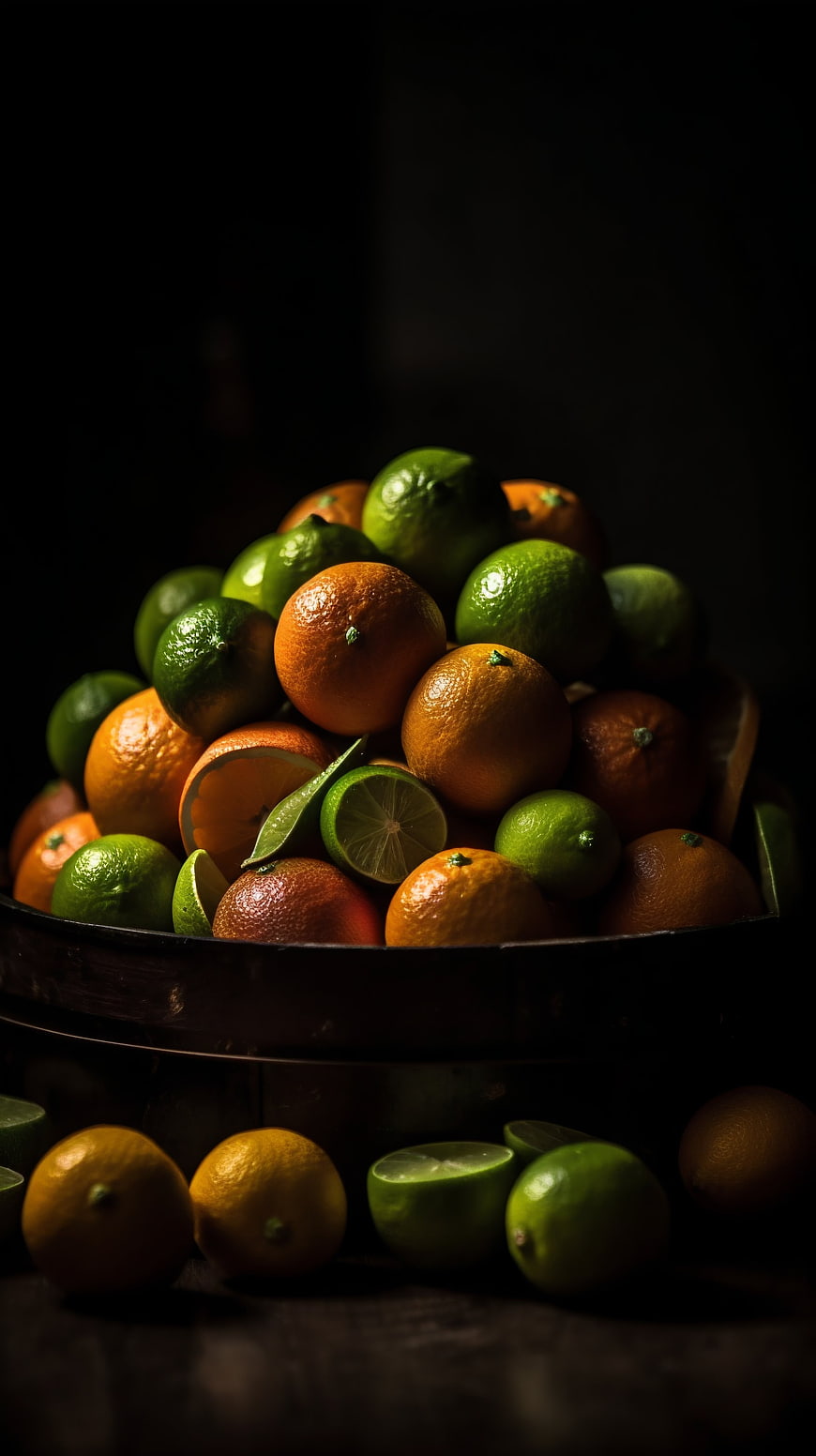 Dark moody still life of fresh oranges and limes in a wooden bowl