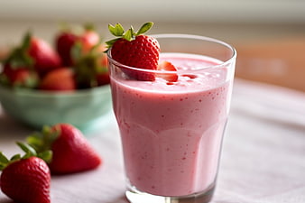Fresh Strawberry Smoothie in Glass with Fruit Garnish