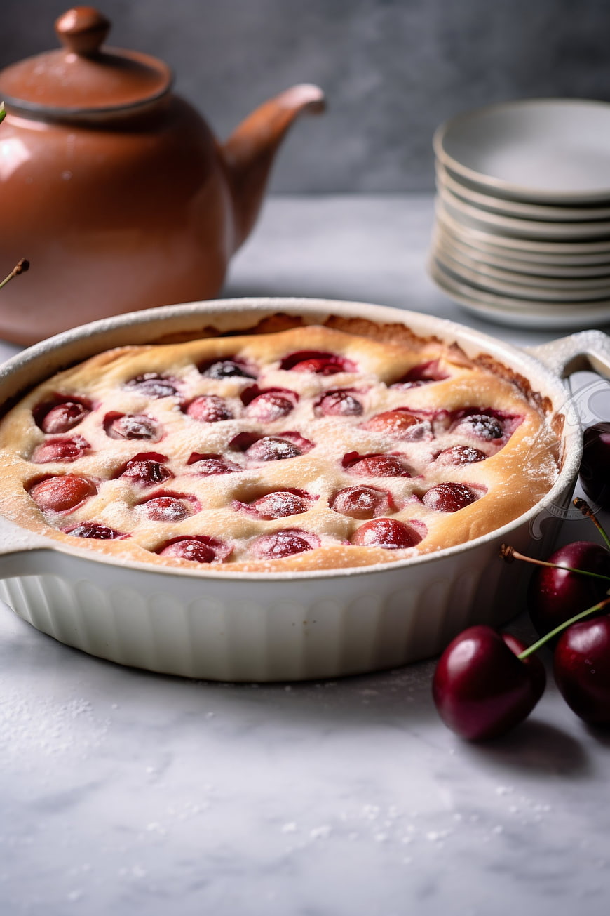 Freshly Baked Cherry Pie in Ceramic Dish with Teapot