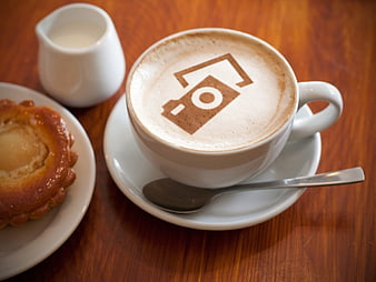 Cappuccino with Camera Logo Latte Art and Pastry