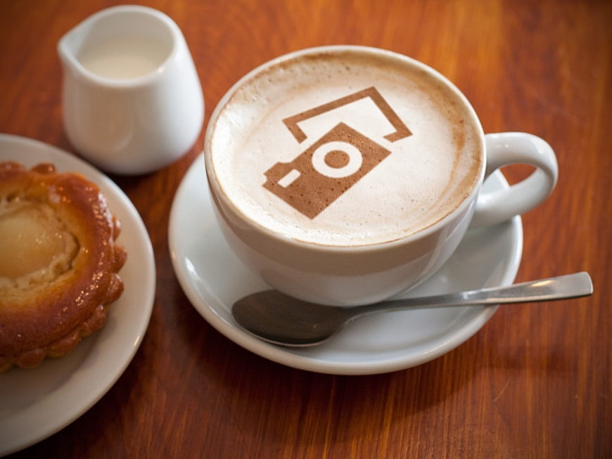 Cappuccino with Camera Logo Latte Art and Pastry