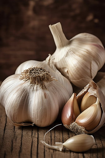 Fresh Garlic Bulbs and Cloves on Rustic Wood