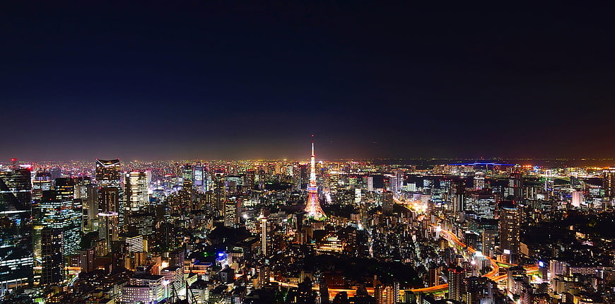Panoramic Night View of Tokyo Cityscape with Tokyo Tower