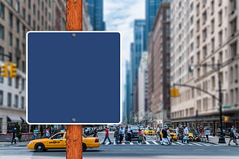 Empty Blue Street Sign Mockup On Blurred New York City Street