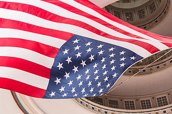 American Flag Hanging Inside a Grand Government Dome