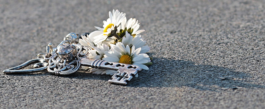 Ornate silver key and white daisies on textured gray asphalt surface