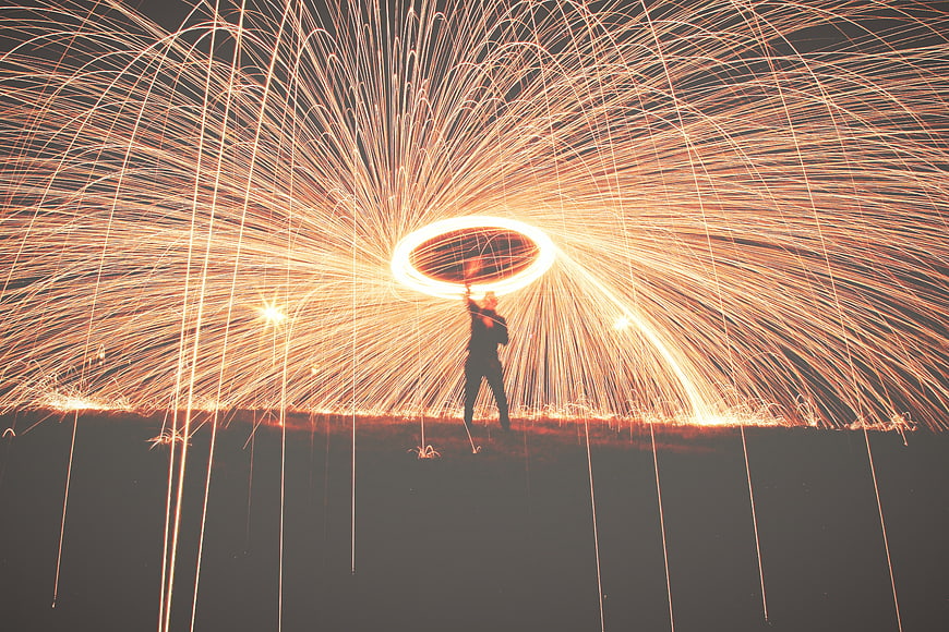 Steel wool fire spinning performance at night