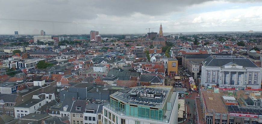 Panoramic cityscape view of European town with church spire