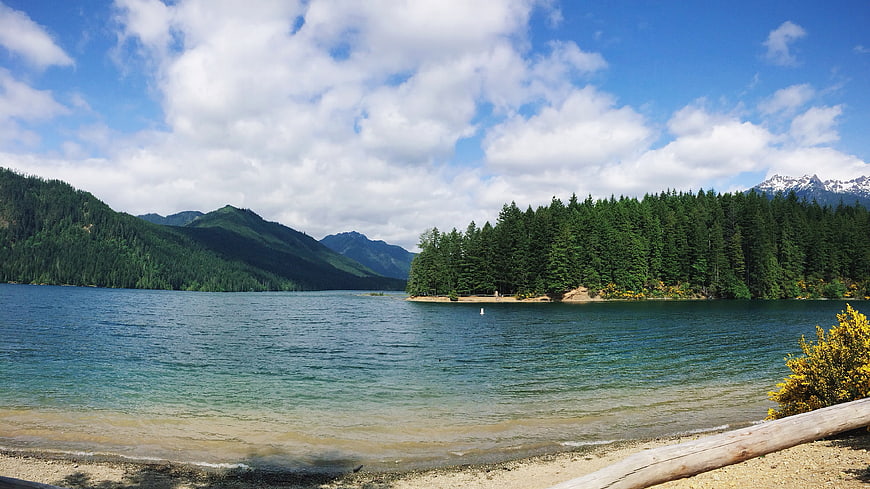 Scenic Lake Shore with Forested Peninsula and Mountains