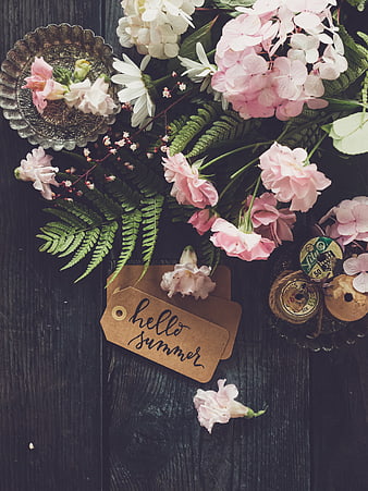 Hello Summer Floral Flat Lay on Dark Wood