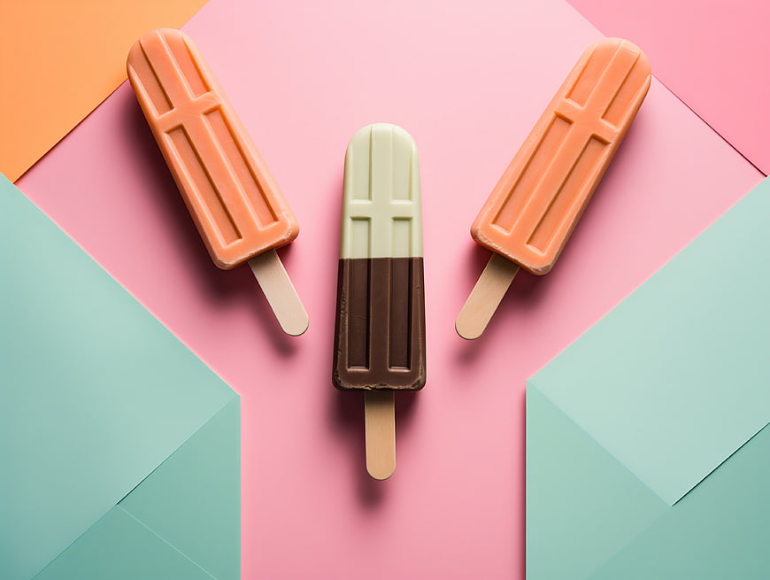 Three colorful popsicles on pastel geometric background
