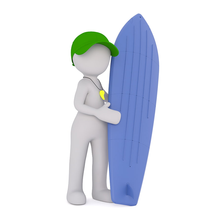 3D White Surfer Character Holding Blue Surfboard Isolated