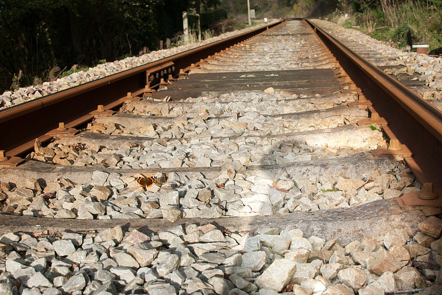 Butterfly on Railway Tracks with Gravel and Wooden Sleepers