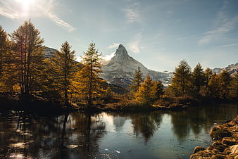 Matterhorn Mountain Reflection in Autumn Lake with Golden Trees