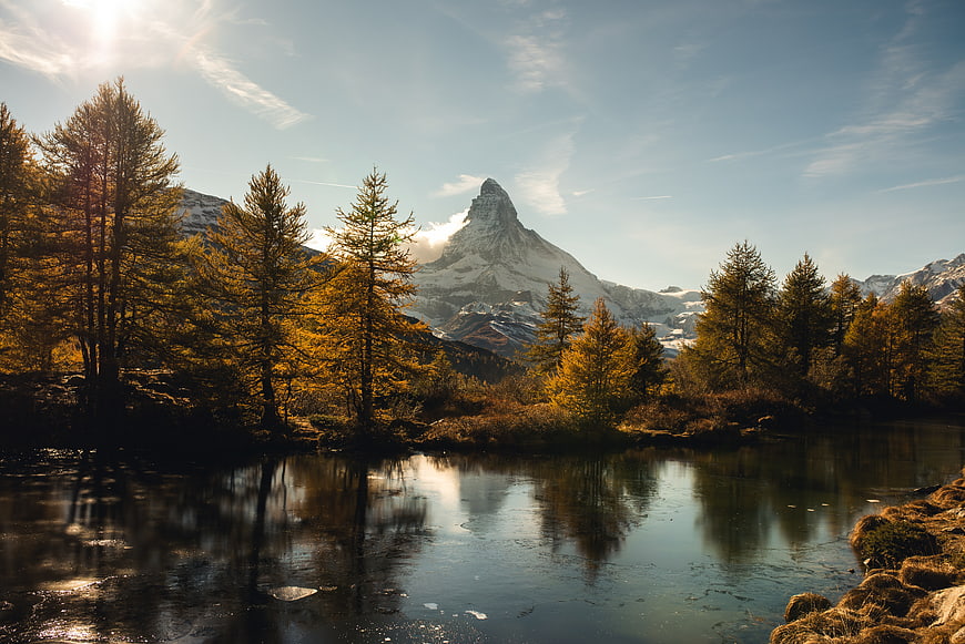 Matterhorn Mountain Reflection in Autumn Lake with Golden Trees