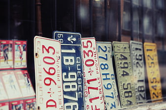 Vintage Quebec License Plates Displayed in Shop Window