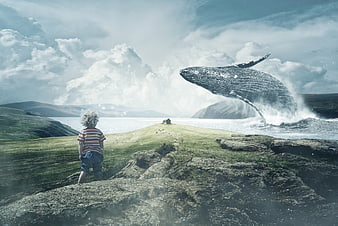 Child watching giant whale breach in fantasy landscape