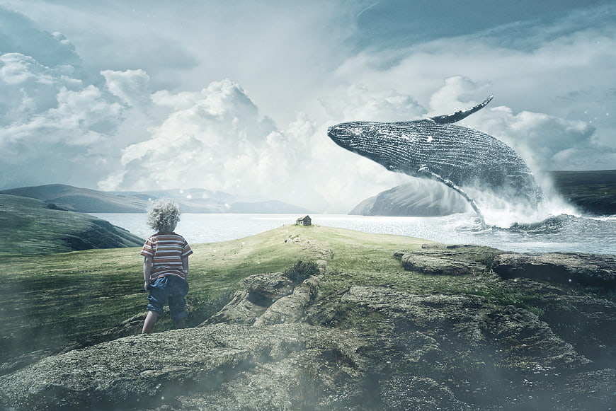 Child watching giant whale breach in fantasy landscape