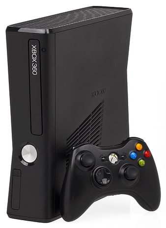 Black Xbox 360 Console and Controller on White Background