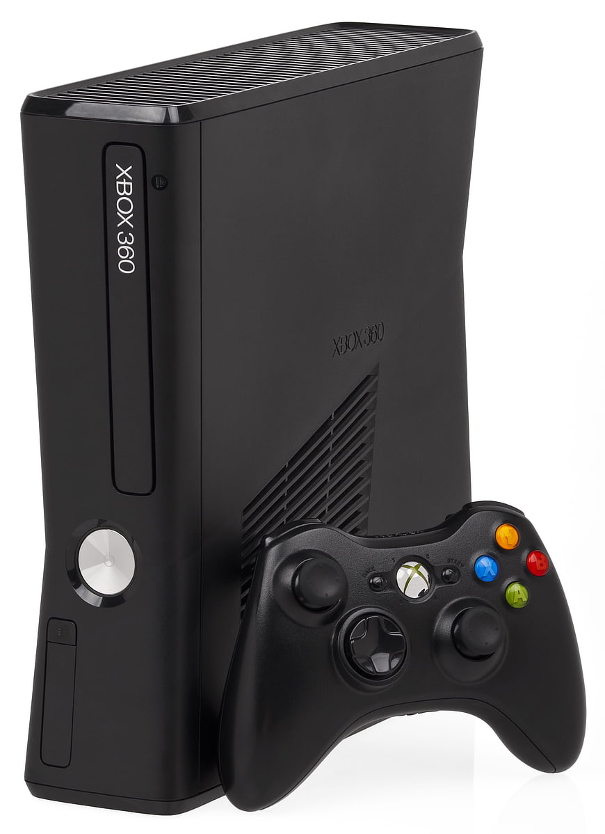 Black Xbox 360 Console and Controller on White Background