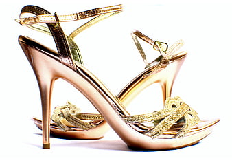 Gold High Heel Sandals with Glitter Straps on White Background