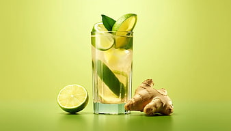 Refreshing Lime Ginger Drink with Fresh Ingredients on Green Background