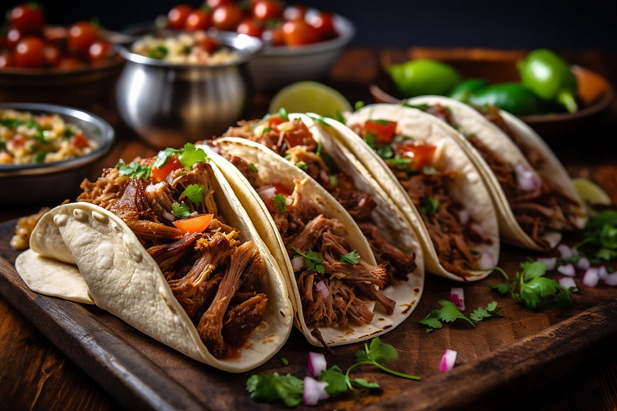 Delicious Pulled Pork Tacos on Wooden Board with Fresh Toppings