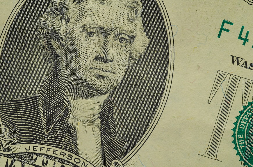 Close-up of Thomas Jefferson on Two Dollar Bill