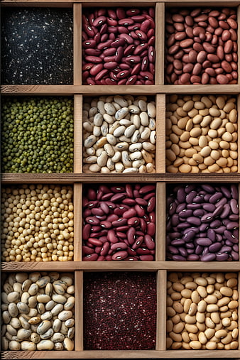 Top View of Assorted Dried Beans and Legumes in Wooden Compartments