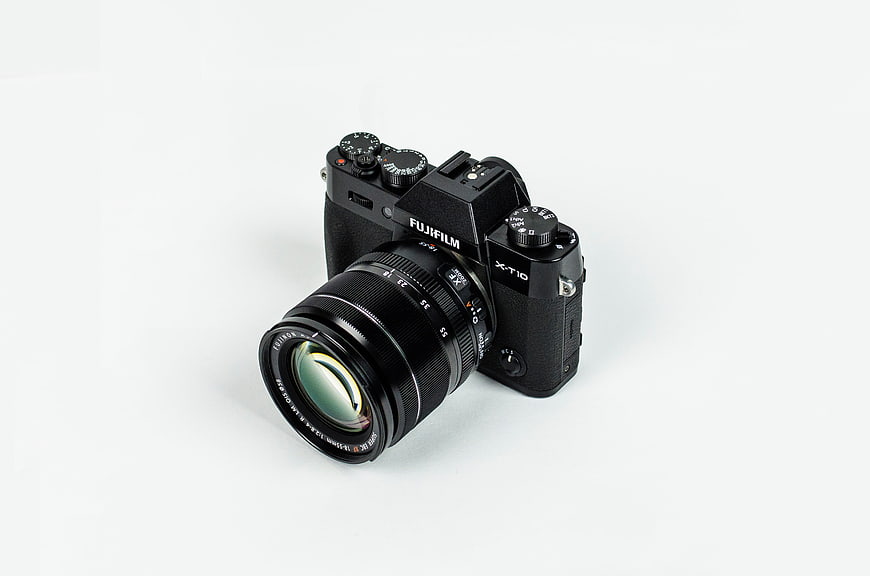 Black Fujifilm X-T10 Camera on White Background