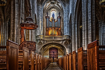 Gothic Cathedral Interior With Wooden Pews And Pipe Organ