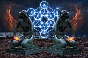 Surreal statues with glowing geometric energy and fire wings
