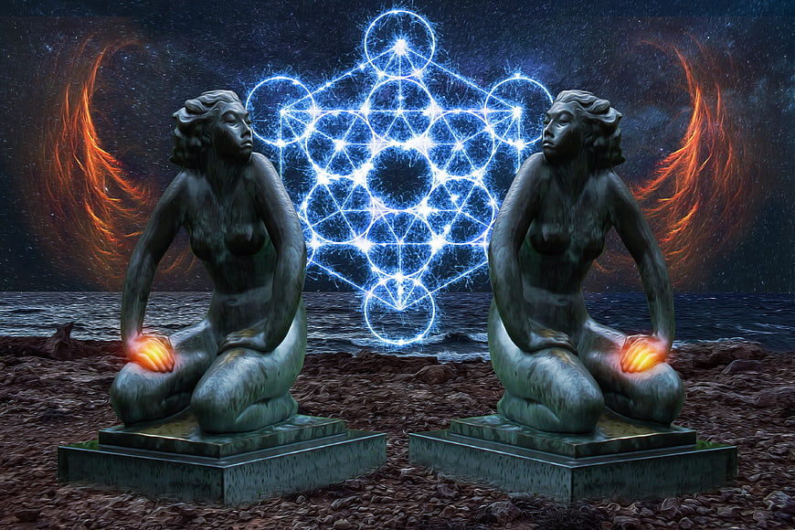 Surreal statues with glowing geometric energy and fire wings