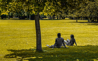 Couple sitting under tree in park with selective color