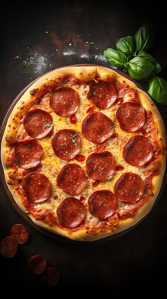 Top View of Freshly Baked Pepperoni Pizza with Basil