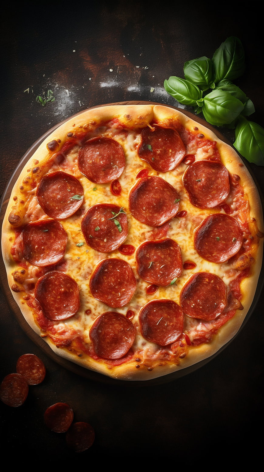 Top View of Freshly Baked Pepperoni Pizza with Basil