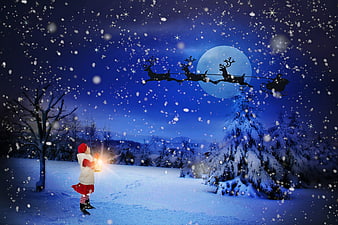 Child Watching Santa's Sleigh Fly Over Snowy Winter Night
