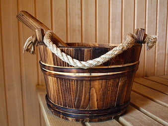 Rustic Wooden Sauna Bucket With Ladle And Rope Handle