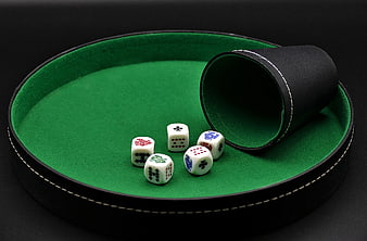 Five Dice and Black Cup on Green Felt Poker Tray