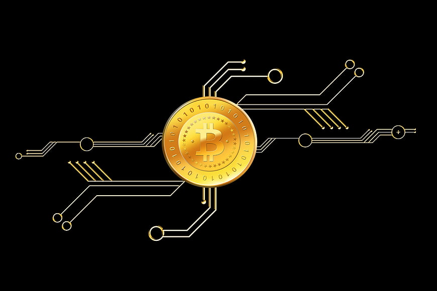 Bitcoin Coin On Circuit Board Background
