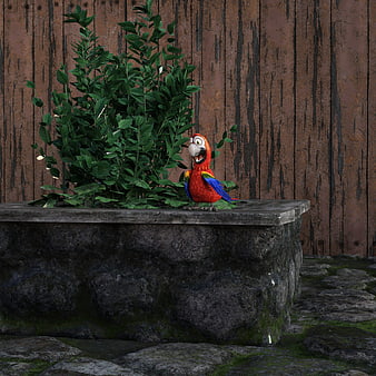 3D animated red macaw parrot on stone planter