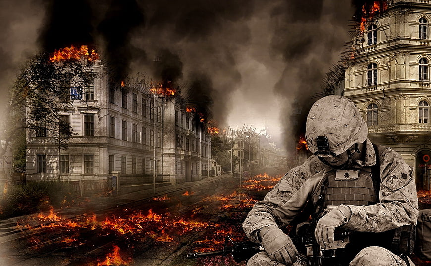 Weary soldier in burning war-torn city street