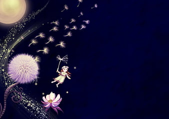 Fantasy girl flying with dandelion seeds under a glowing moon