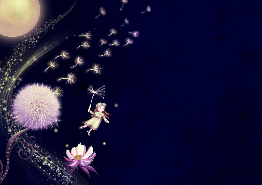 Fantasy girl flying with dandelion seeds under a glowing moon