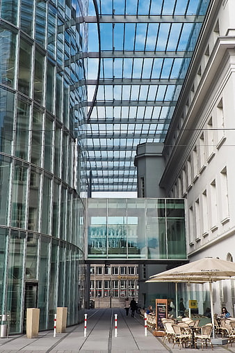Modern Glass Architecture with Sky Bridge and Cafe